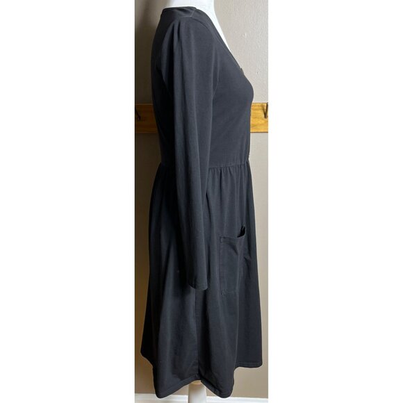 Black Jersey Knit Dress Fit Flare Midi Comfy Casual Cotton Pockets Basic Women S - Picture 8 of 9